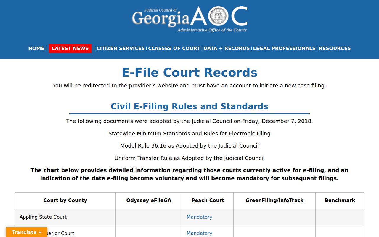 Floyd County civil court docket Georgia e-file table
